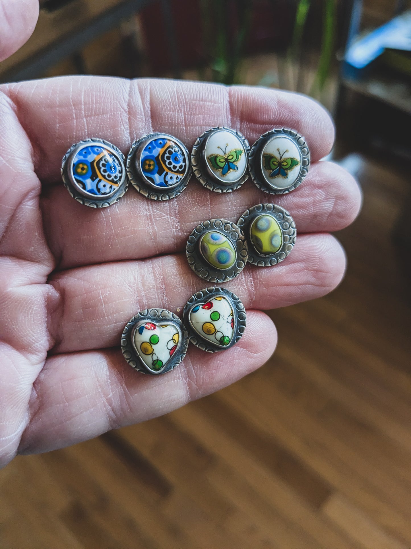 Vintage Porcelain, Glass & Sterling Silver Post Earrings