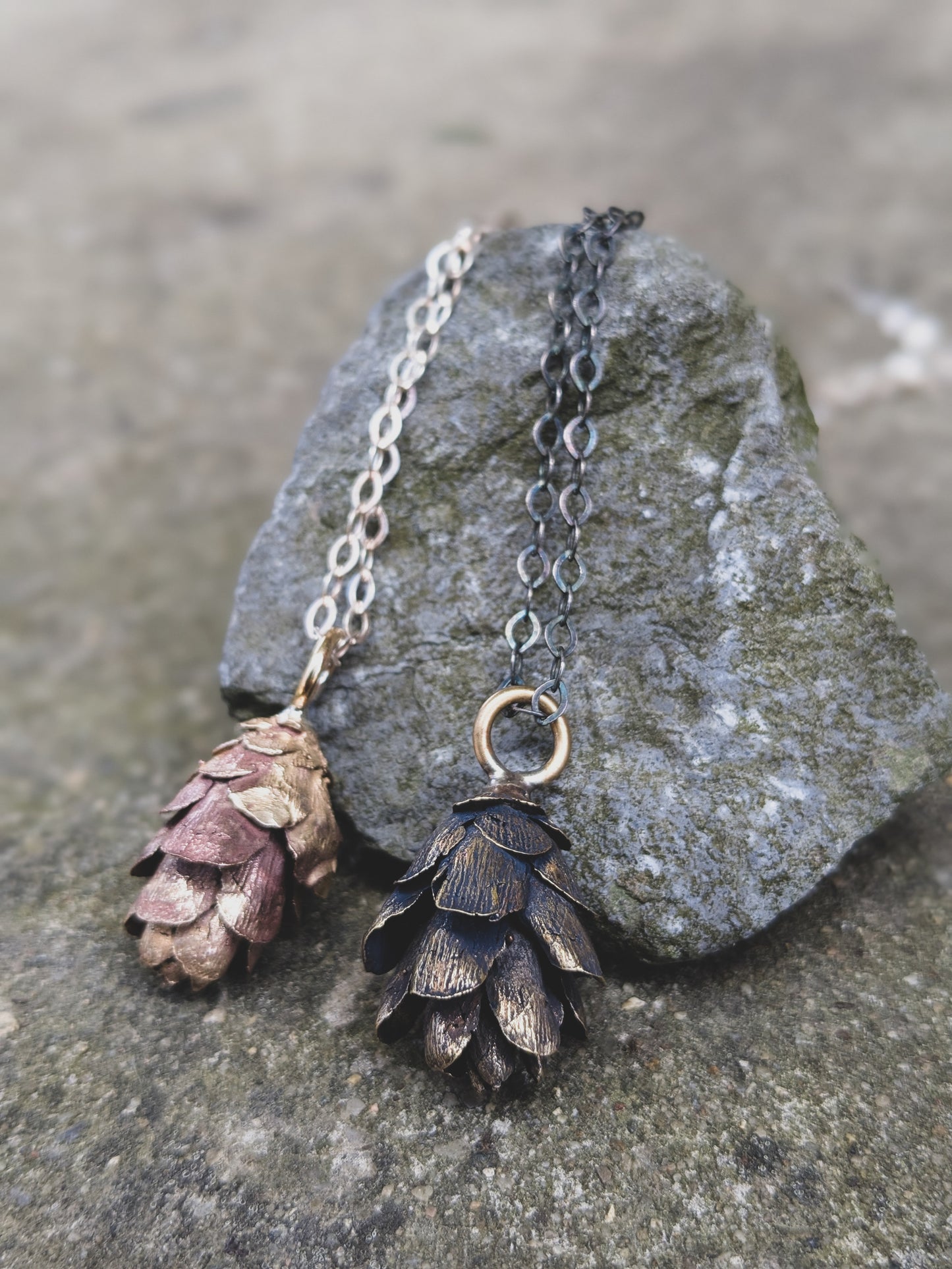 Handmade Bronze Hemlock Cone Necklace on Sterling Silver Chain – Appalachian Forest Inspired (Bright or Antique Finish)