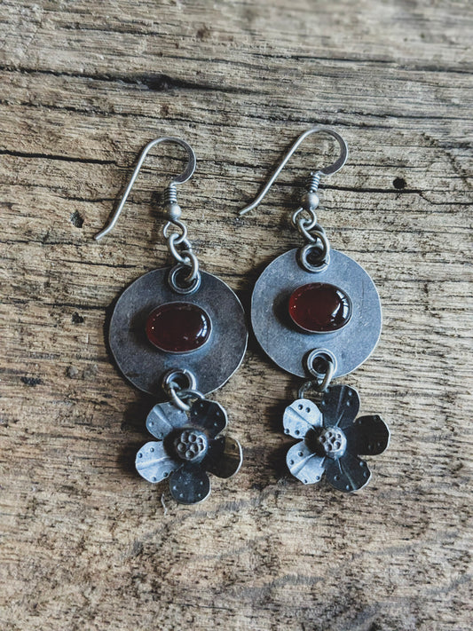 Carnelian & Sterling Silver Dangle Earrings | Handcrafted Folk Art Flower Design