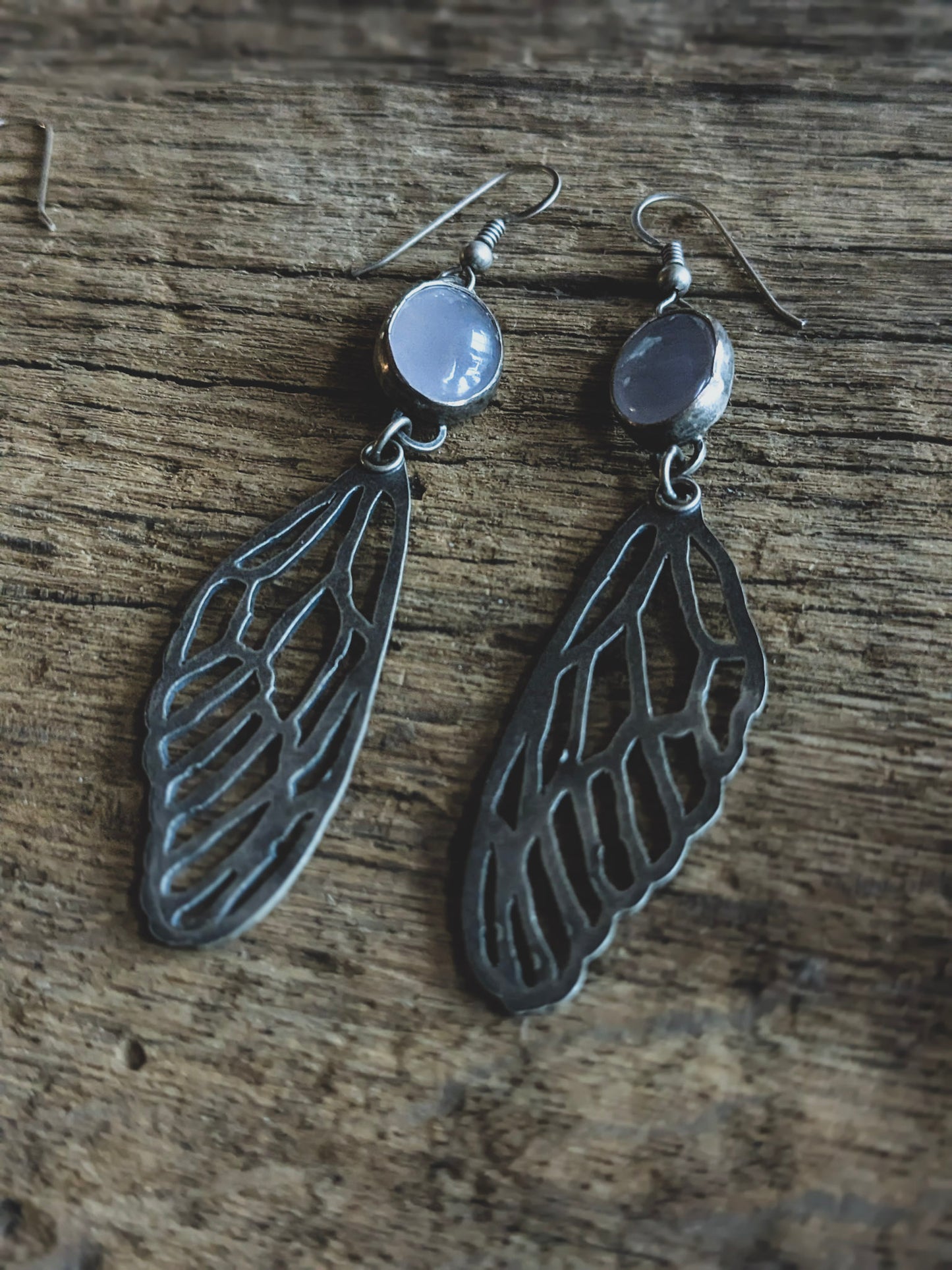 Chalcedony & Sterling Silver Cicada Wing Dangle Earrings | Handcrafted