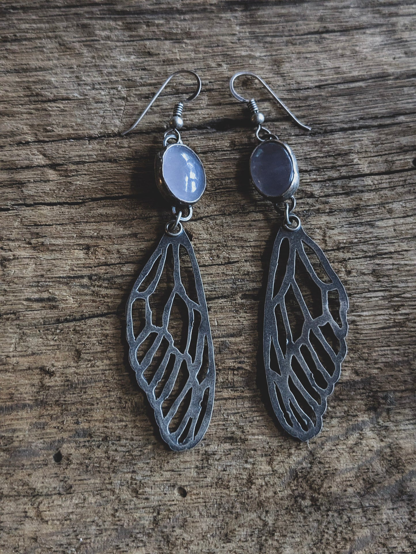 Chalcedony & Sterling Silver Cicada Wing Dangle Earrings | Handcrafted