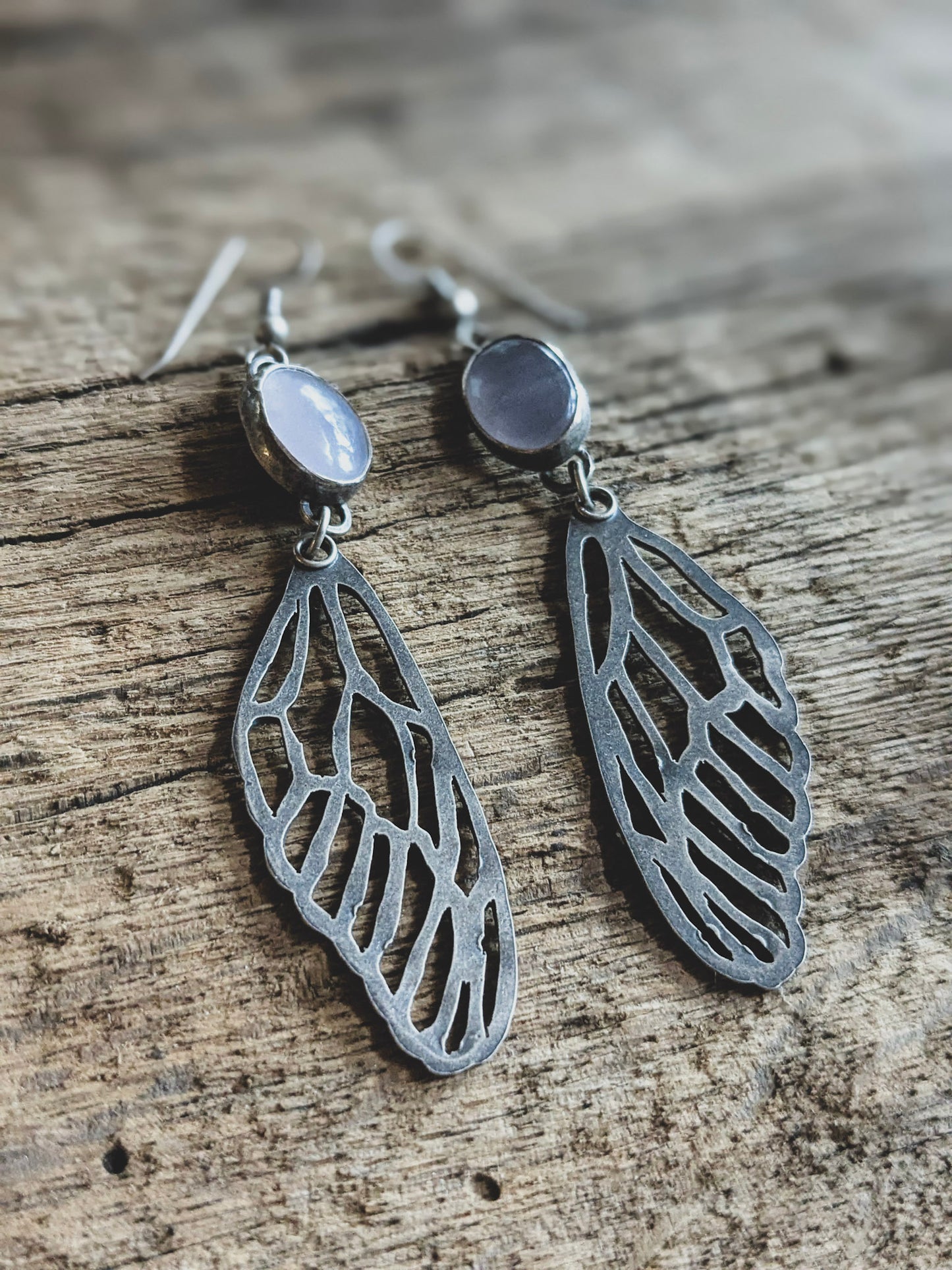 Chalcedony & Sterling Silver Cicada Wing Dangle Earrings | Handcrafted