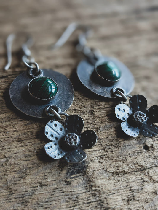 Malachite & Sterling Silver Dangle Earrings | Handcrafted Folk Art Flower Design