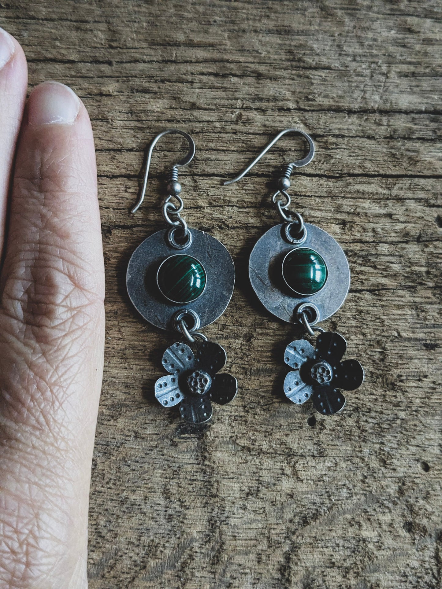 Malachite & Sterling Silver Dangle Earrings | Handcrafted Folk Art Flower Design