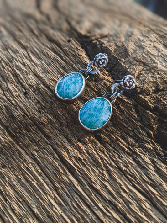 Handcrafted Amazonite & Rose Flower Dangle Earrings