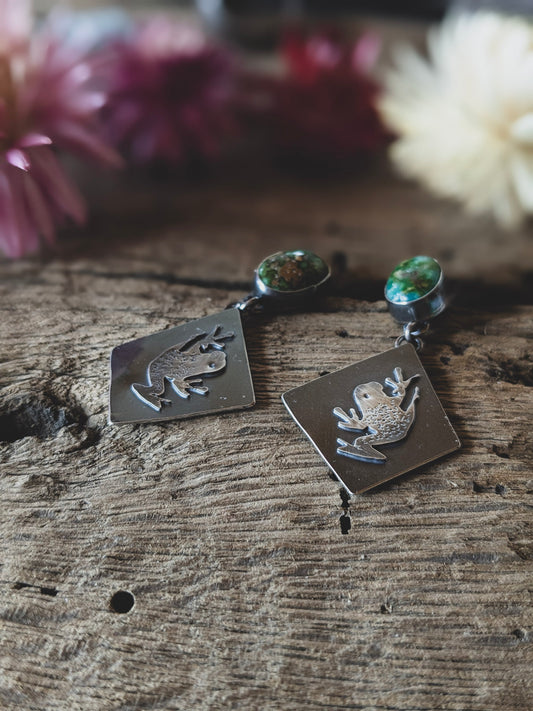 Tree Frog & Sonoran Gold Turquoise Post Dangle Earrings