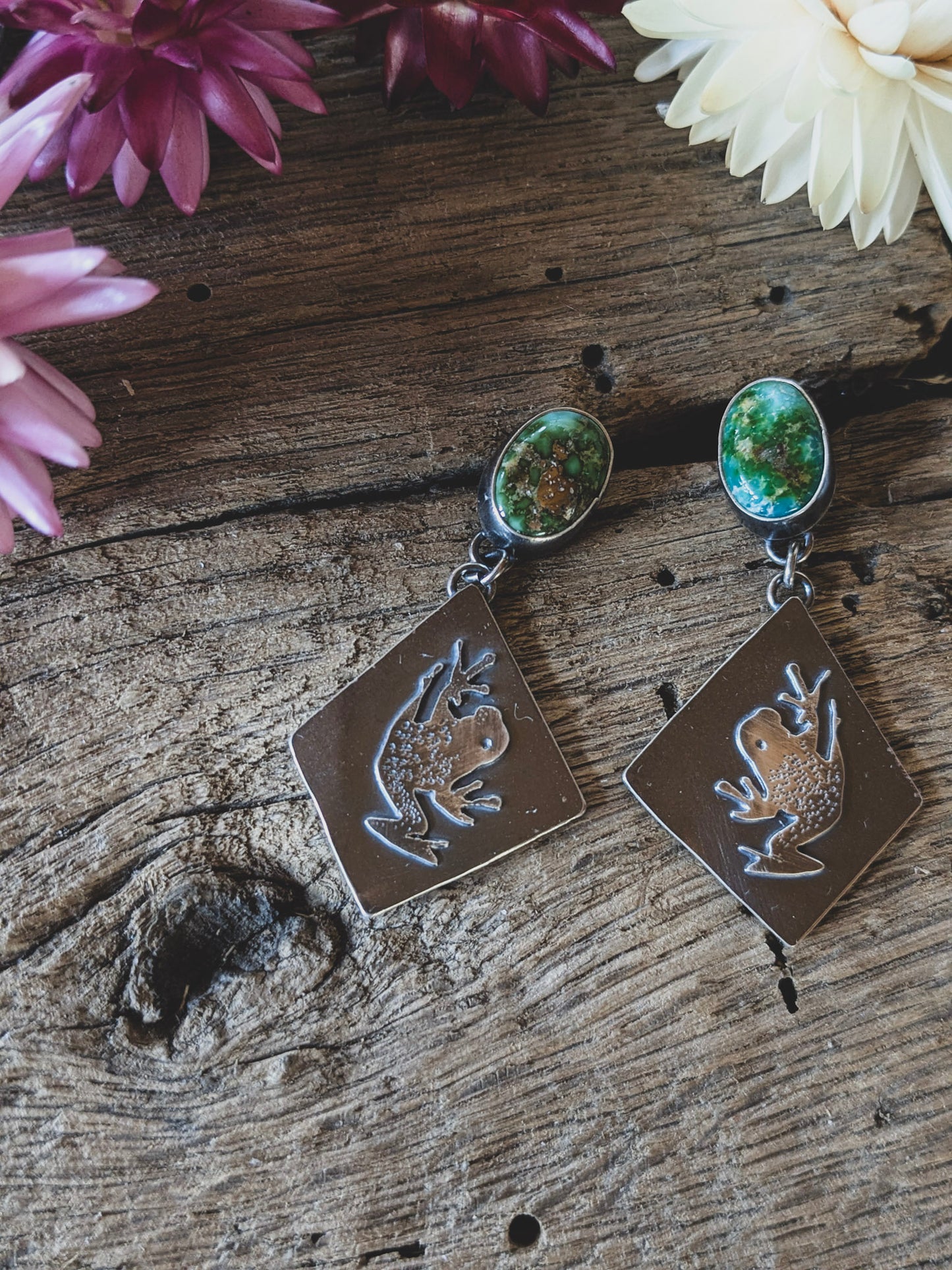 Tree Frog & Sonoran Gold Turquoise Post Dangle Earrings
