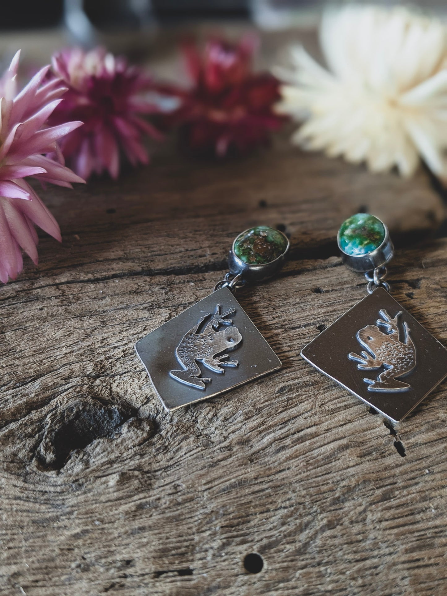 Tree Frog & Sonoran Gold Turquoise Post Dangle Earrings