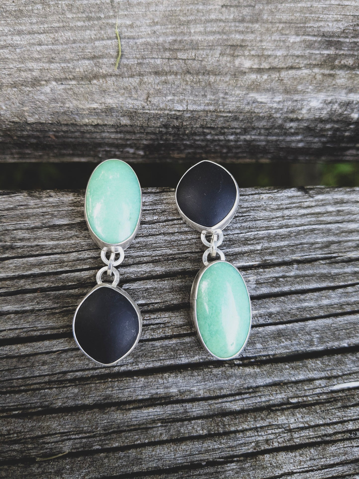 Black Jade Asymmetrical Sterling Silver Post Dangle Earrings | Handcrafted