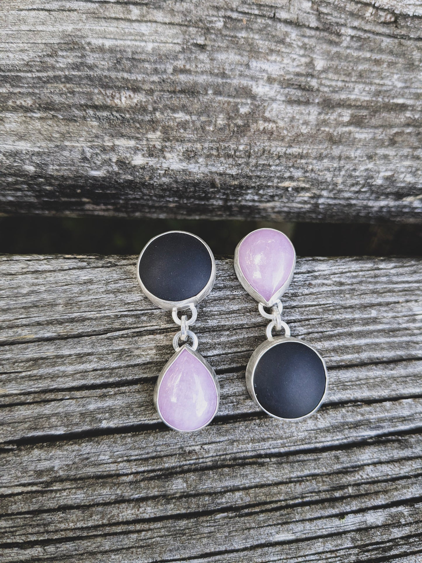 Black Jade Asymmetrical Sterling Silver Post Dangle Earrings | Handcrafted