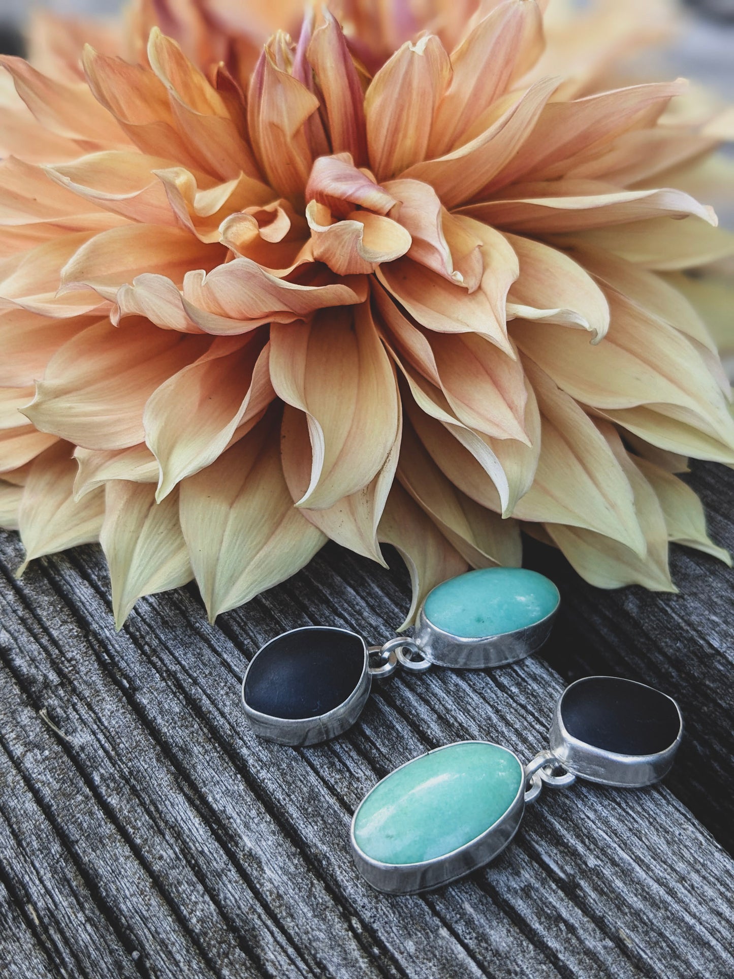 Black Jade Asymmetrical Sterling Silver Post Dangle Earrings | Handcrafted