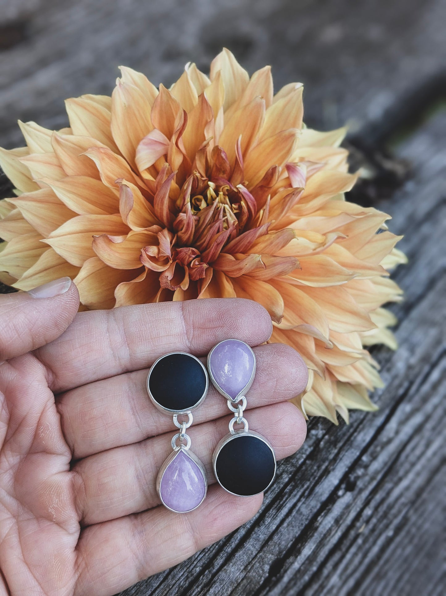 Black Jade Asymmetrical Sterling Silver Post Dangle Earrings | Handcrafted