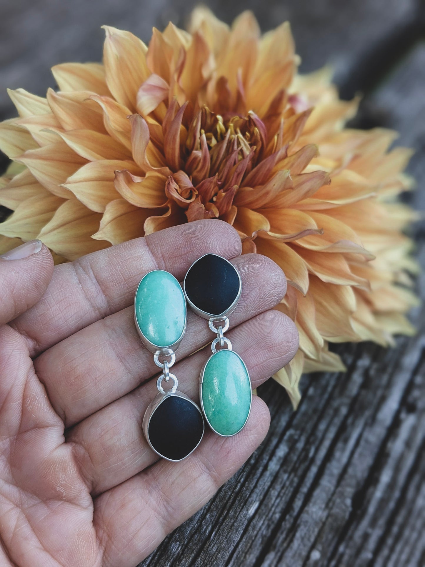 Black Jade Asymmetrical Sterling Silver Post Dangle Earrings | Handcrafted