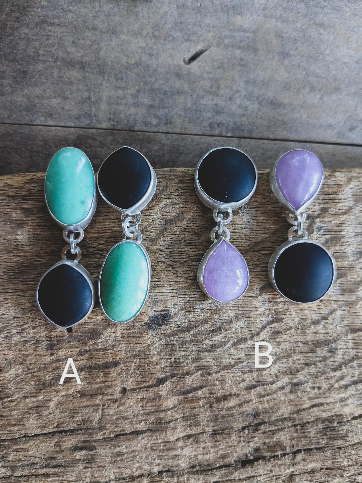 Black Jade Asymmetrical Sterling Silver Post Dangle Earrings | Handcrafted