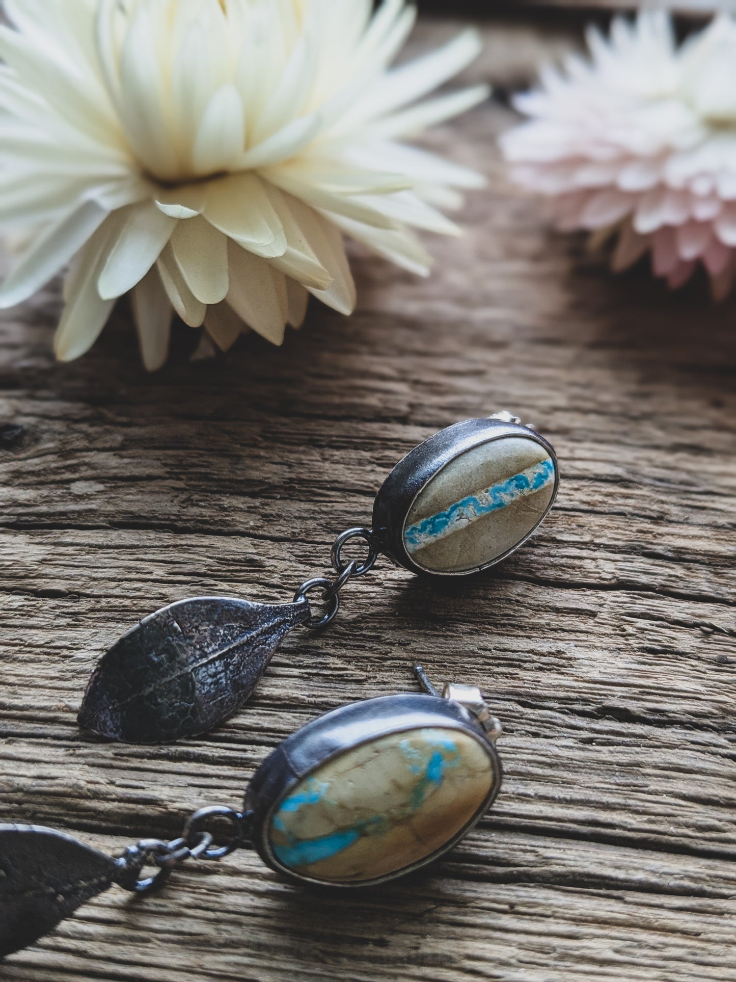 Royston Ribbon Turquoise & Sterling Silver Leaf Earrings