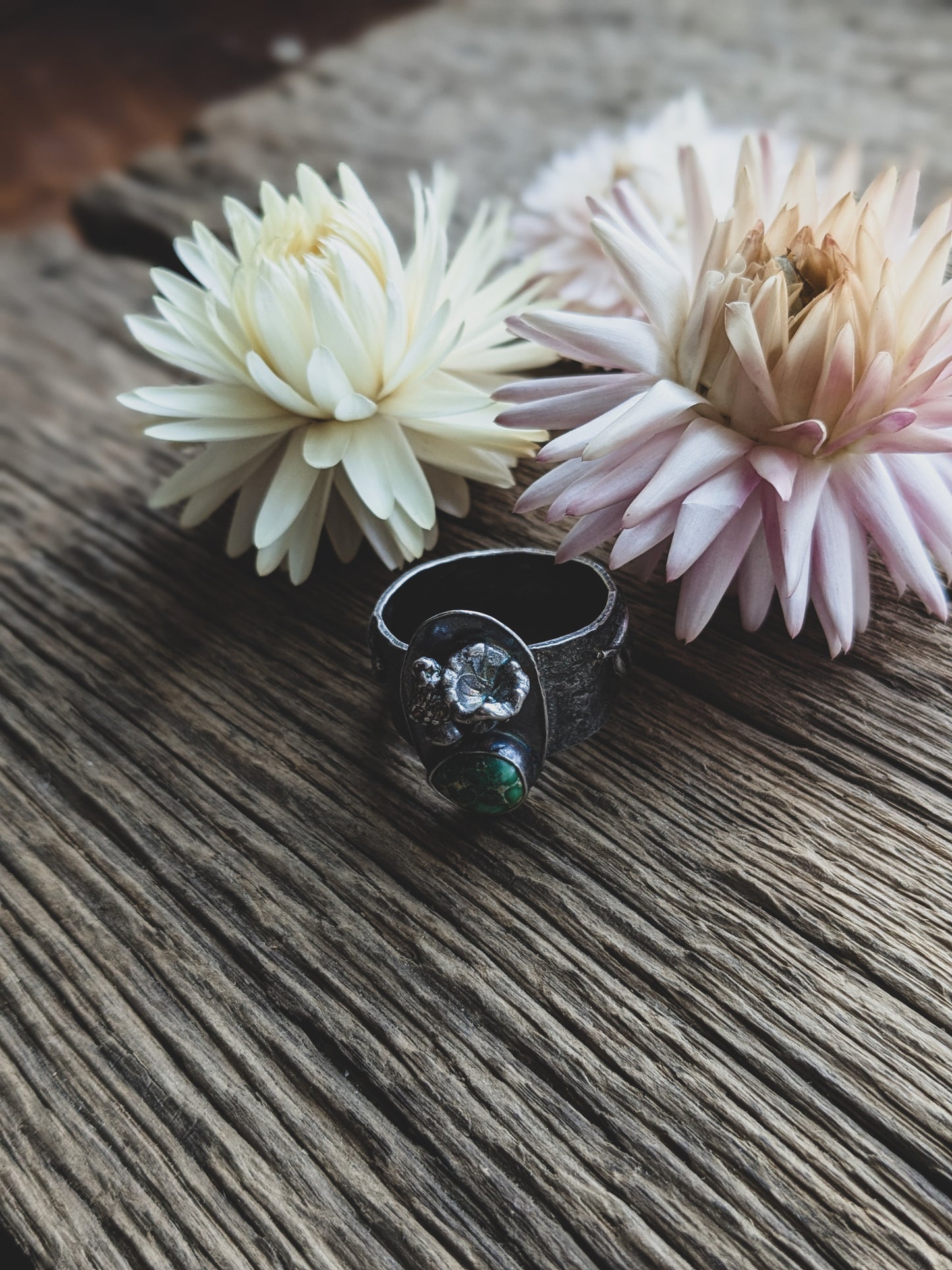 Handmade Sterling Silver Sonoran Gold Turquoise Ring – Fern & Mushroom Design