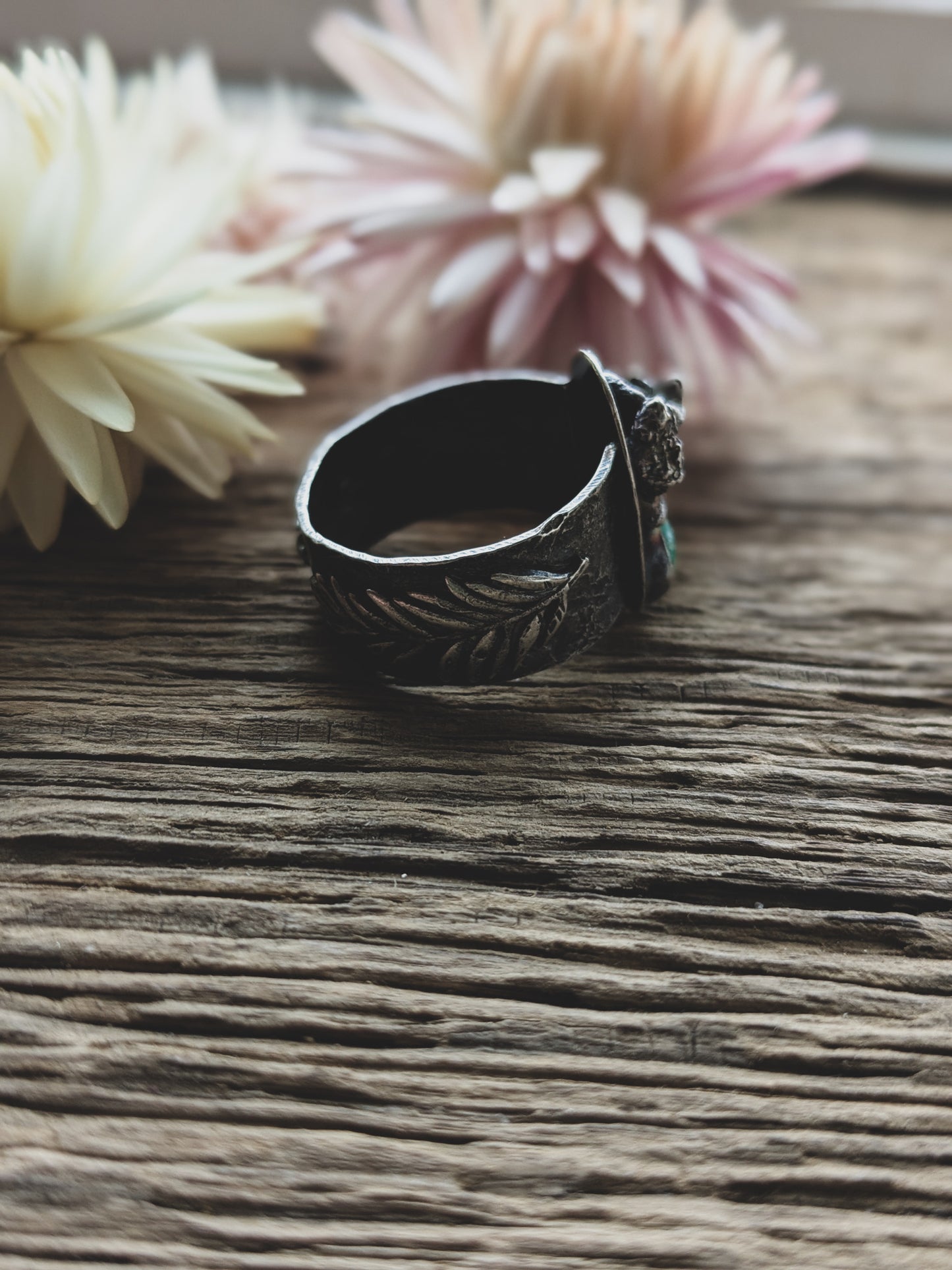 Handmade Sterling Silver Sonoran Gold Turquoise Ring – Fern & Mushroom Design