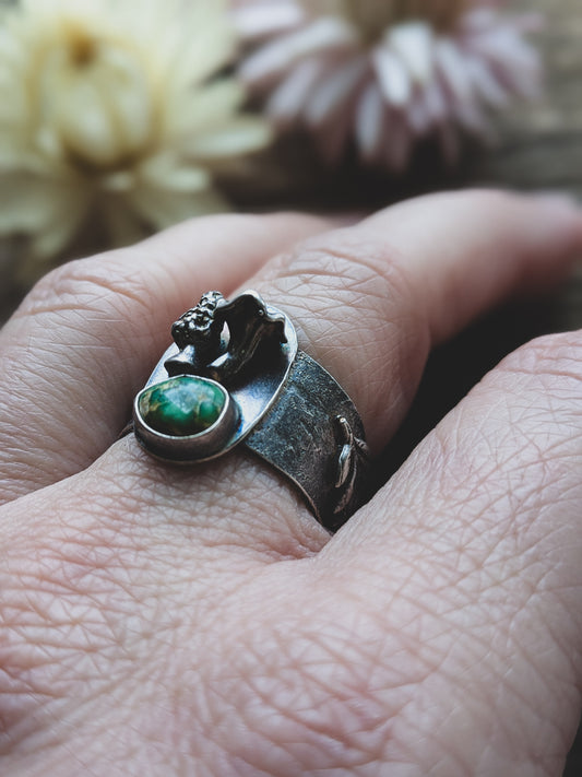 Handmade Sterling Silver Sonoran Gold Turquoise Ring – Fern & Mushroom Design