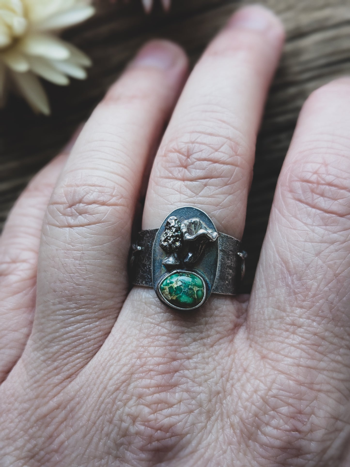 Handmade Sterling Silver Sonoran Gold Turquoise Ring – Fern & Mushroom Design