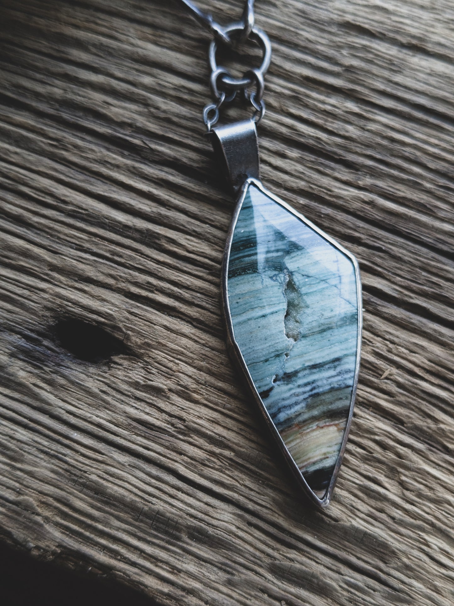 Sterling Silver Druzy Gary Green Jasper Necklace – Brutalist Gothic Handmade Chain