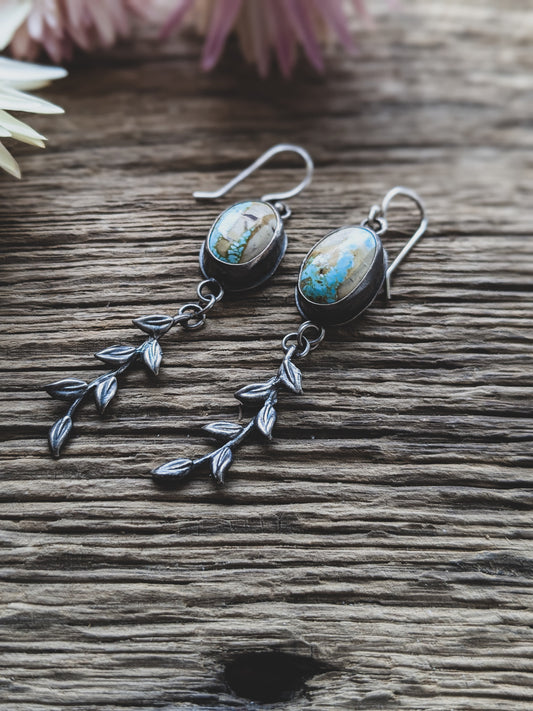 Hand-Fabricated Sterling Silver Kinetic Earrings – Royston Ribbon Turquoise with Dangling Leaves