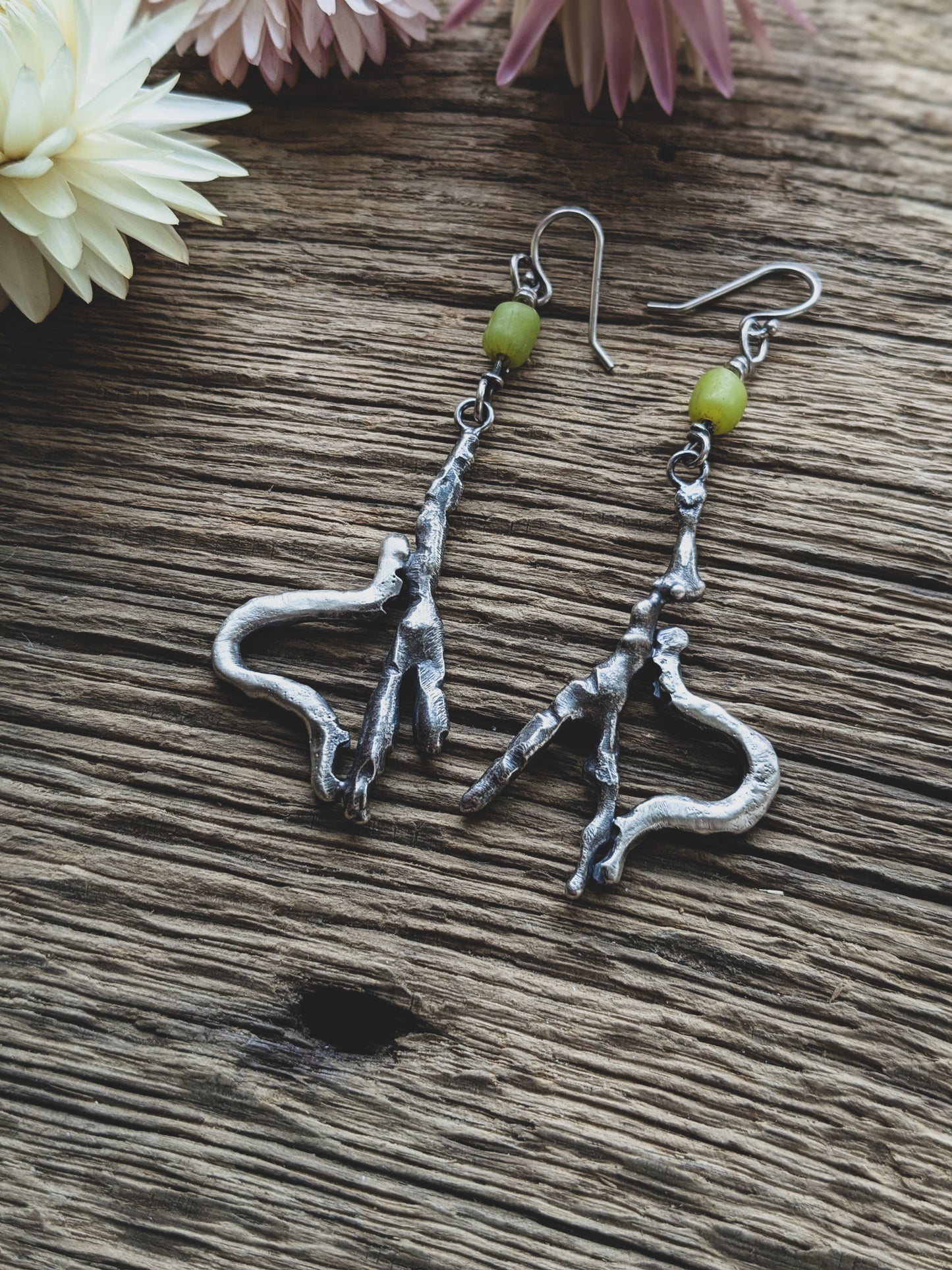 Hand-Fabricated Sterling Silver Inchworm Earrings – Vintage Trade Beads, Nature-Inspired