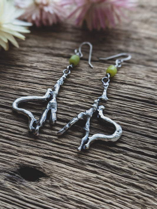 Hand-Fabricated Sterling Silver Inchworm Earrings – Vintage Trade Beads, Nature-Inspired