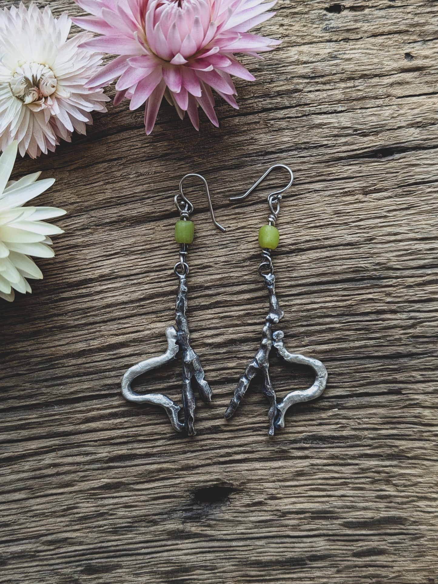 Hand-Fabricated Sterling Silver Inchworm Earrings – Vintage Trade Beads, Nature-Inspired