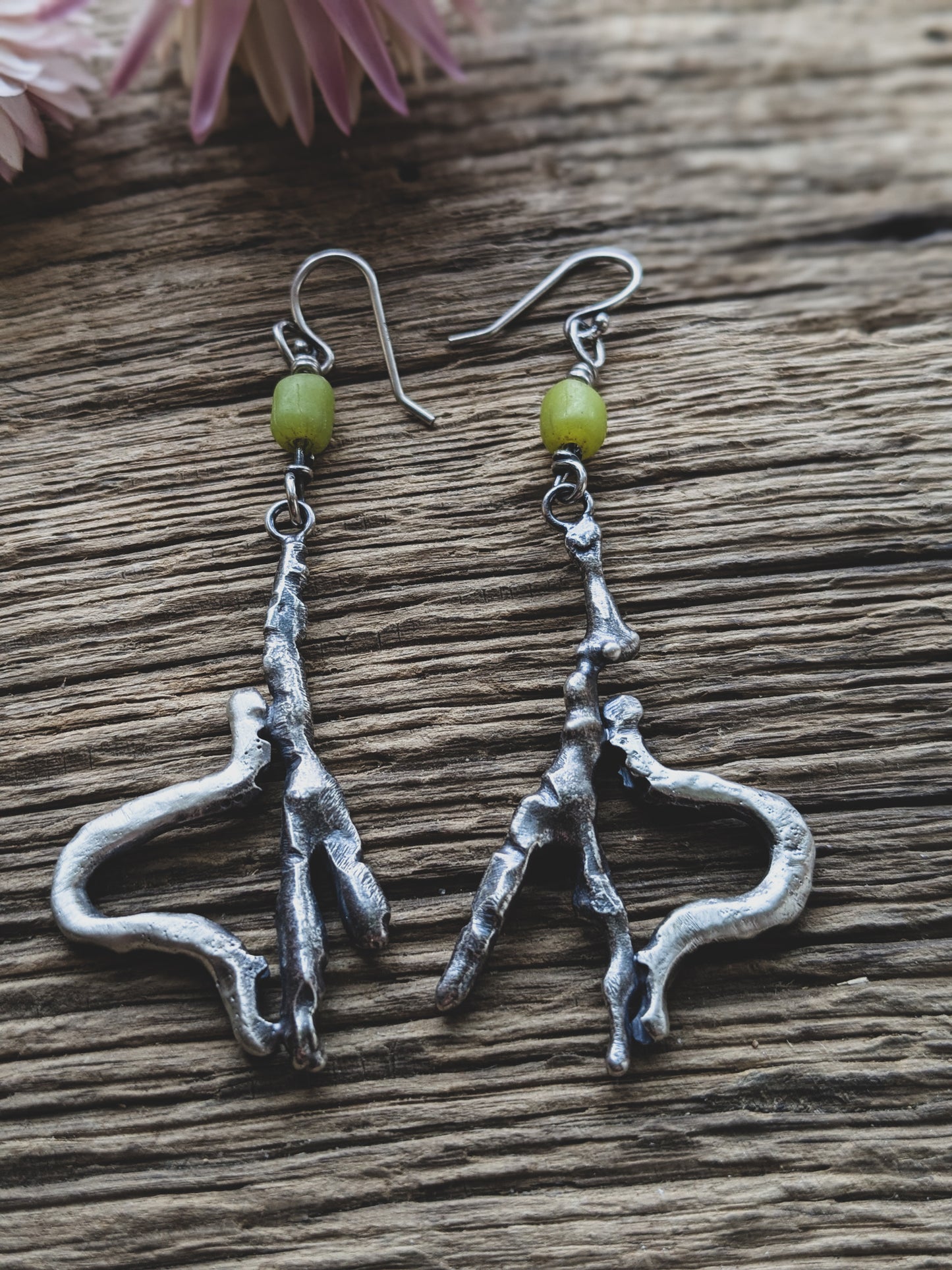 Hand-Fabricated Sterling Silver Inchworm Earrings – Vintage Trade Beads, Nature-Inspired