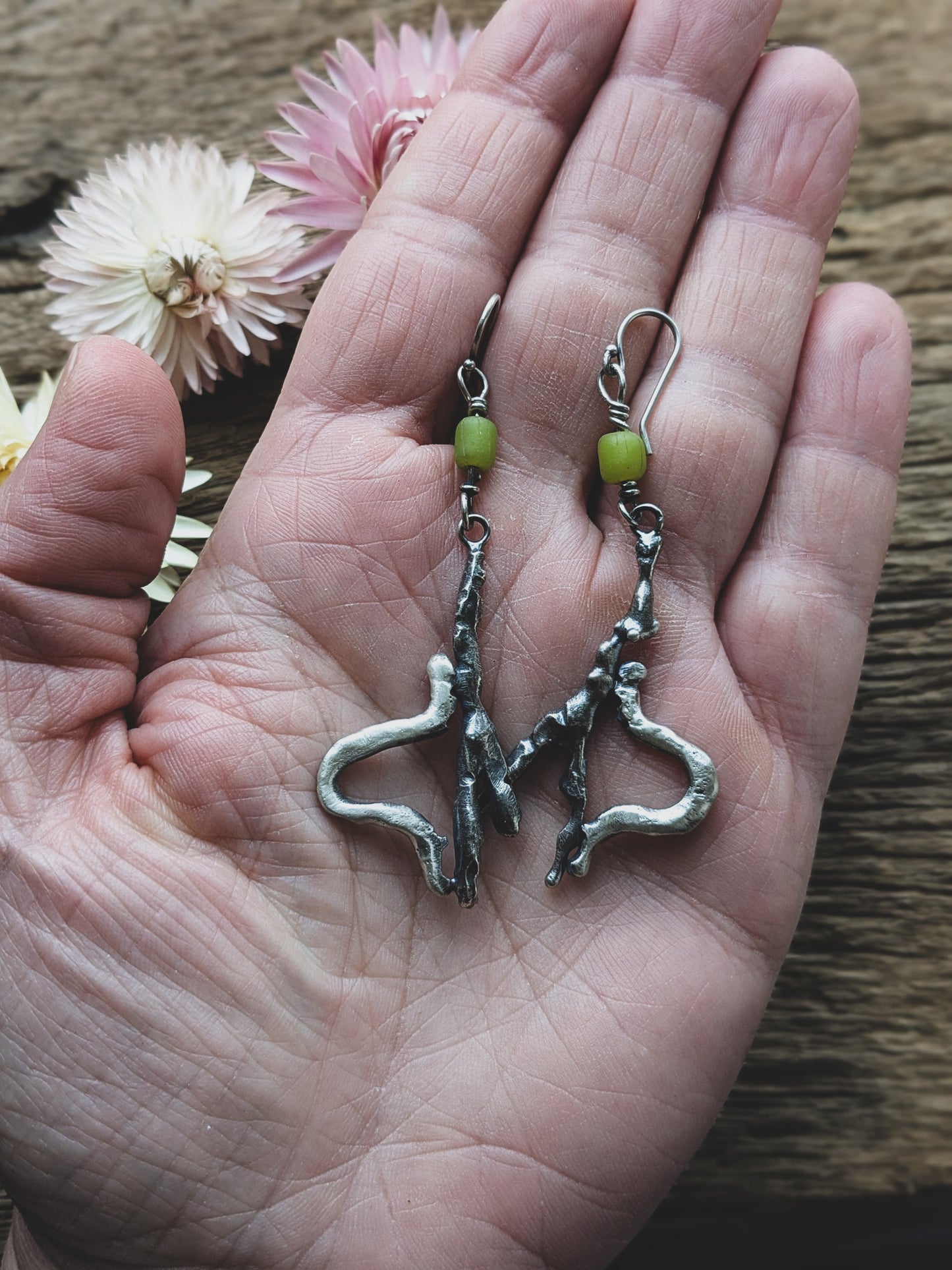 Hand-Fabricated Sterling Silver Inchworm Earrings – Vintage Trade Beads, Nature-Inspired