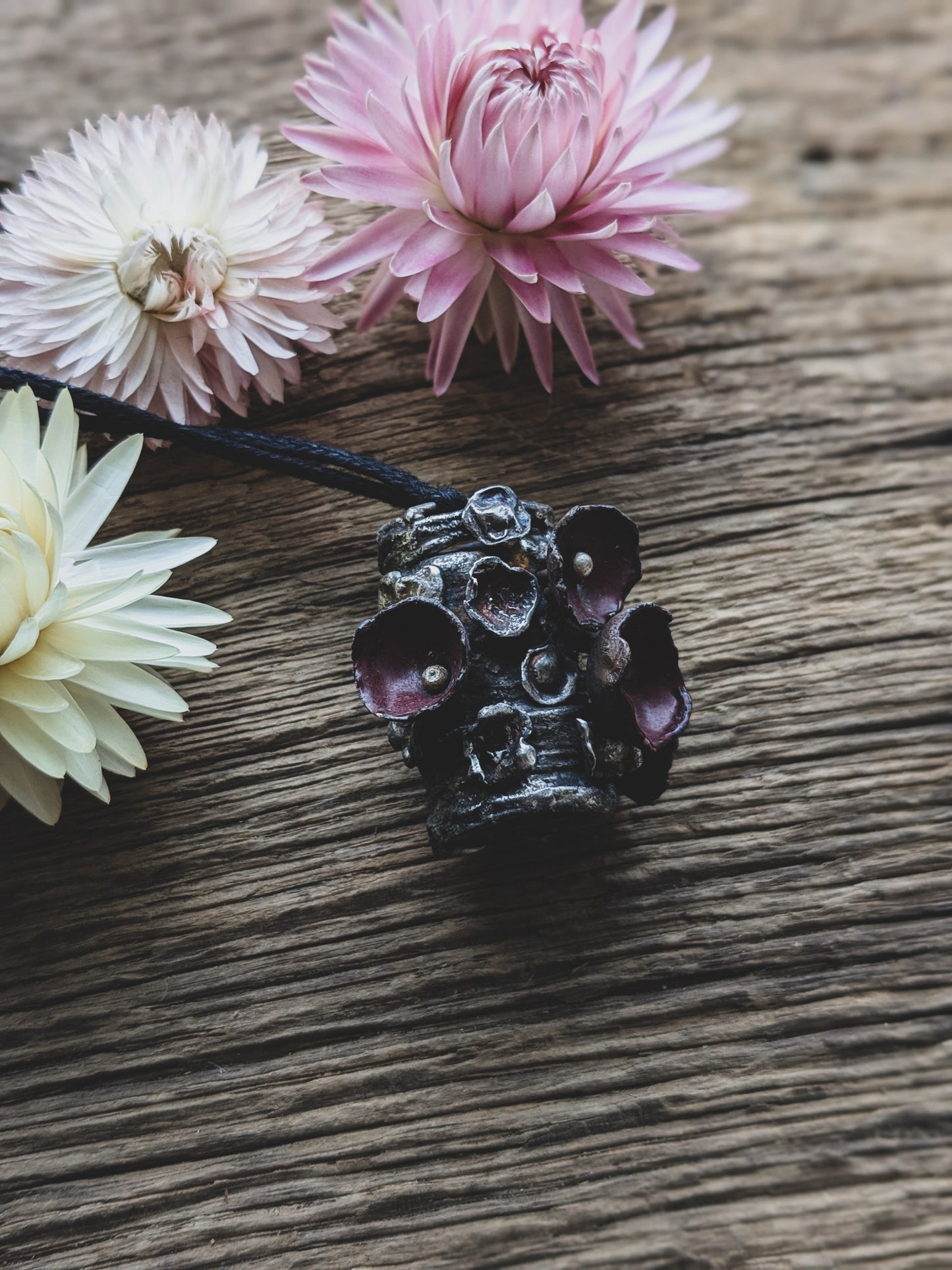 Hand-Fabricated Sterling Silver & Enameled Copper Necklace – Lichen Log with Scarlet Elf Cup Mushrooms