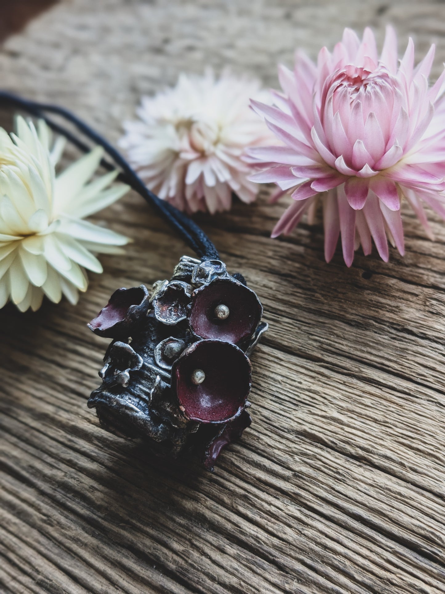 Hand-Fabricated Sterling Silver & Enameled Copper Necklace – Lichen Log with Scarlet Elf Cup Mushrooms