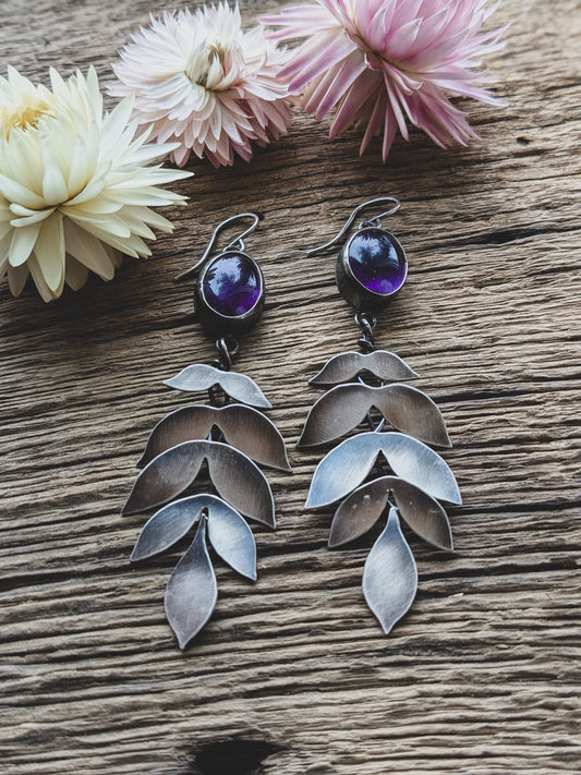 Hand-Fabricated Sterling Silver Kinetic Amethyst Earrings – Articulated, Moving Design