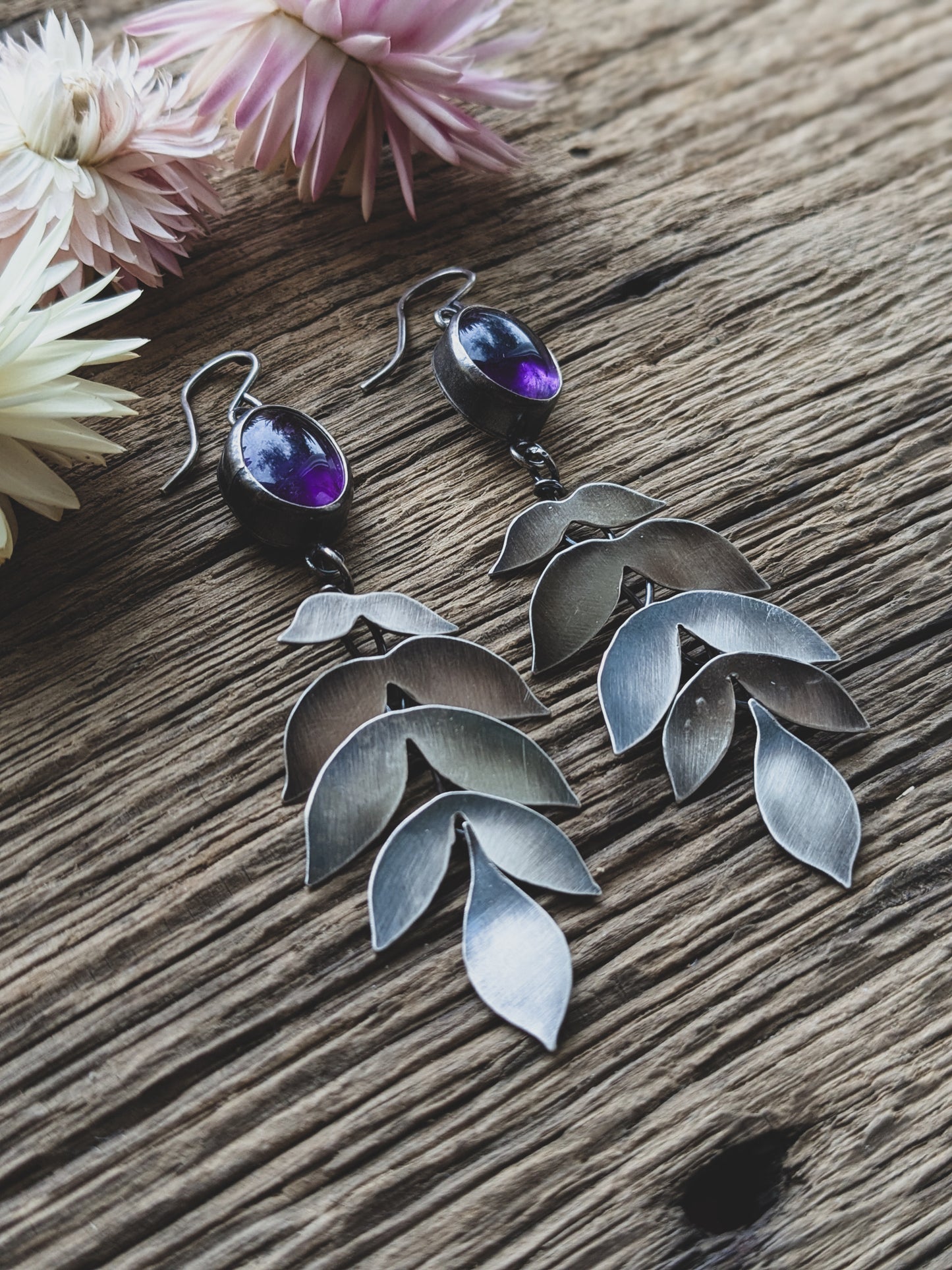 Hand-Fabricated Sterling Silver Kinetic Amethyst Earrings – Articulated, Moving Design