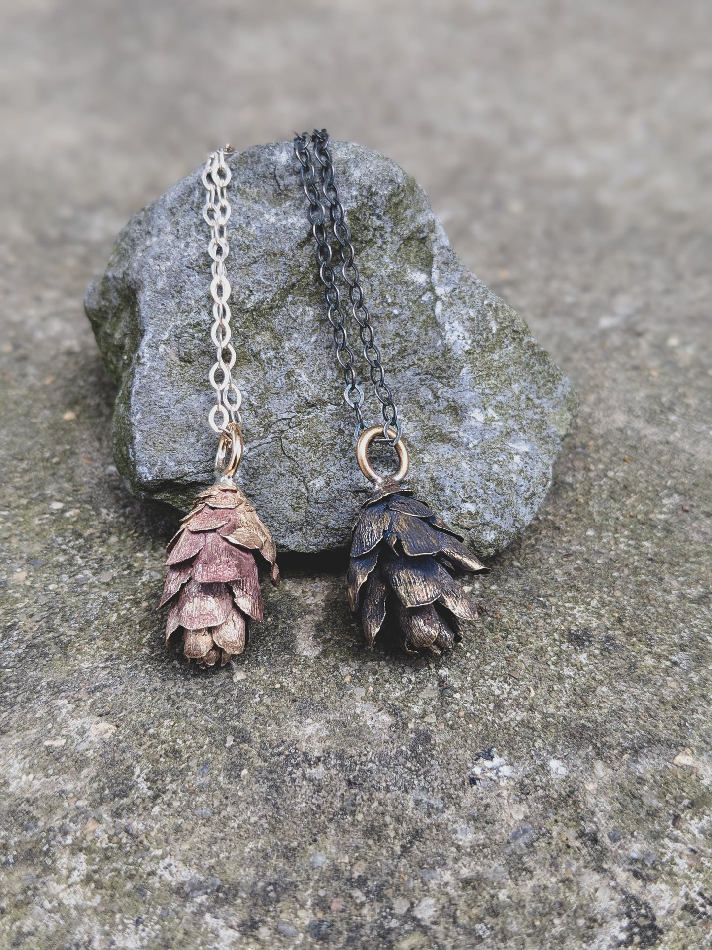 Handmade Bronze Hemlock Cone Necklace on Sterling Silver Chain – Appalachian Forest Inspired (Bright or Antique Finish)