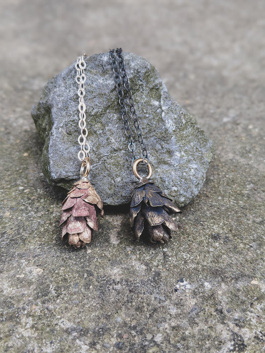 Handmade Bronze Hemlock Cone Necklace on Sterling Silver Chain – Appalachian Forest Inspired (Bright or Antique Finish)