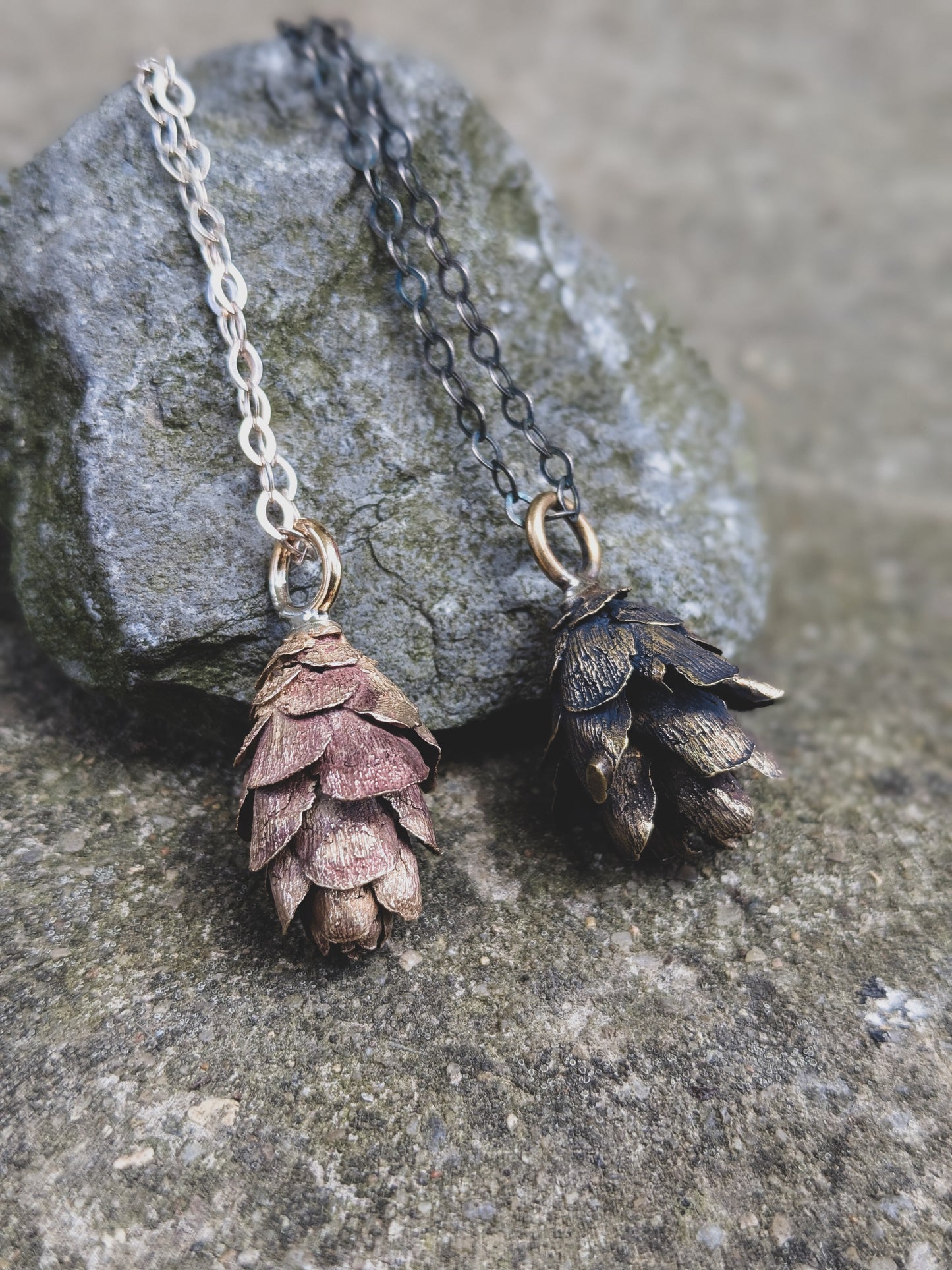 Handmade Bronze Hemlock Cone Necklace on Sterling Silver Chain – Appalachian Forest Inspired (Bright or Antique Finish)